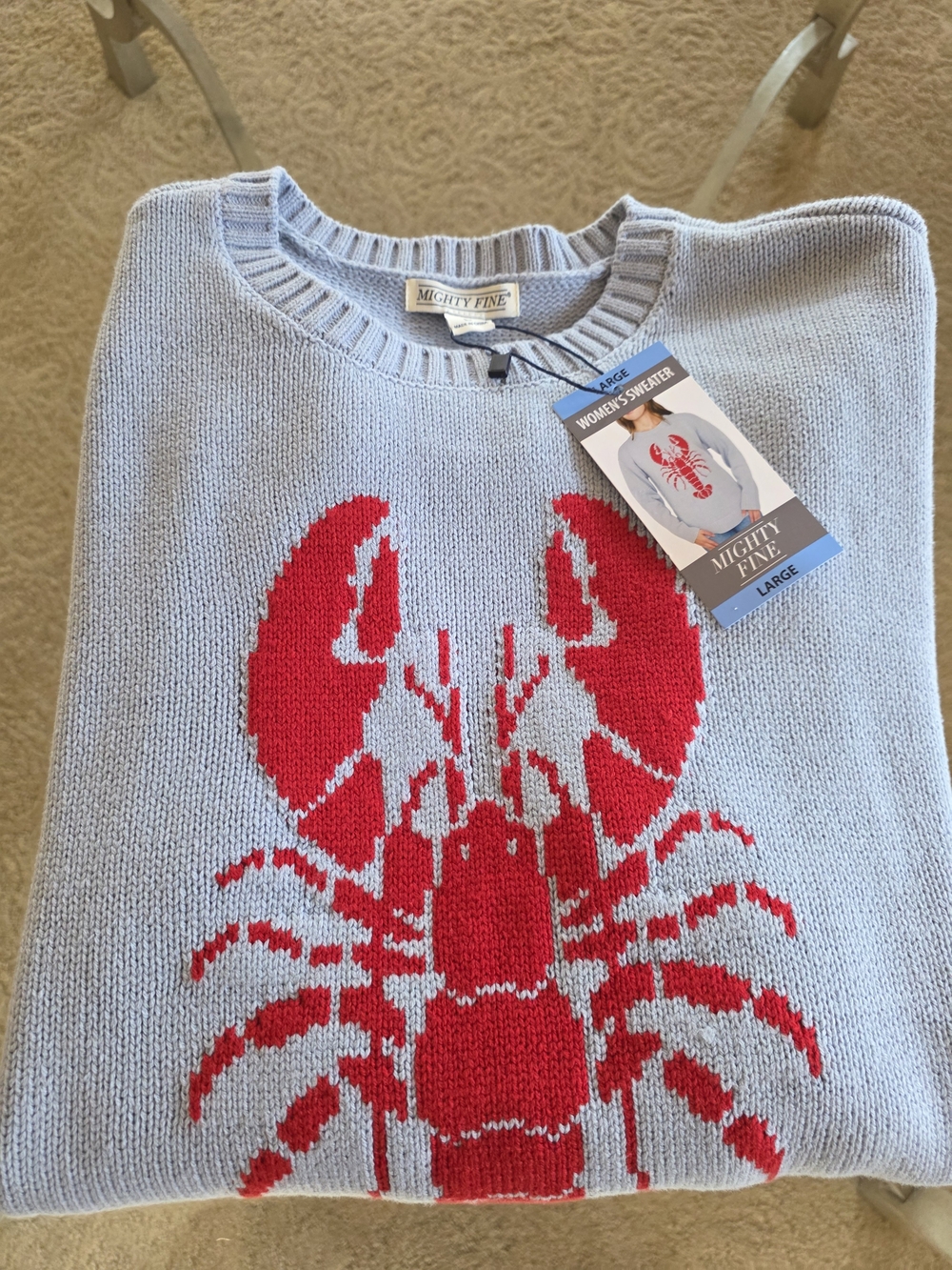 Mighty Fine Pale Blue Crewneck Sweater with Red Lobster Graphic